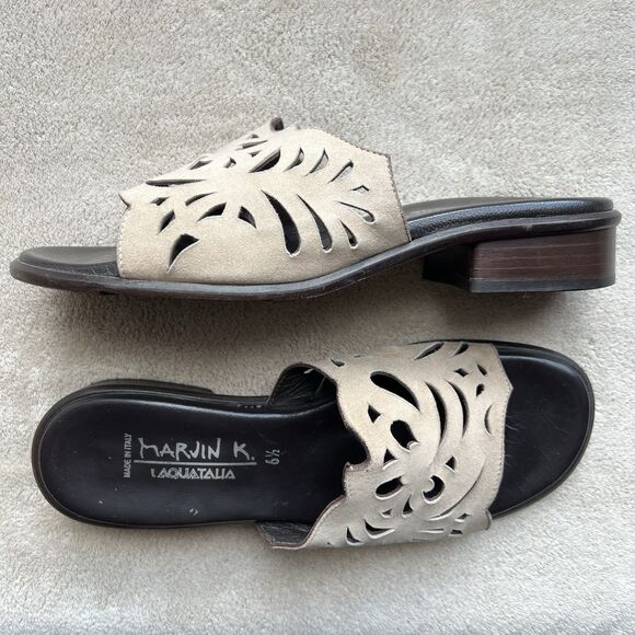 Aquatalia By Marvin K Taupe Nubuck Leather Slide Flat Sandal Women 6.5 Laser Cut - Picture 1 of 16